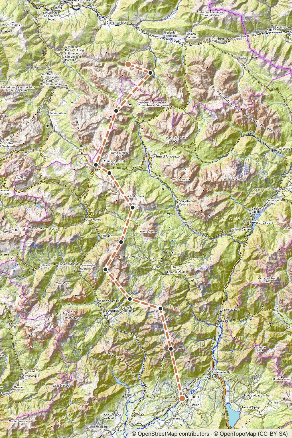 Topographic map of the Alta Via 1 corridor from Lago di Braies to Belluno with each overnight hut marked