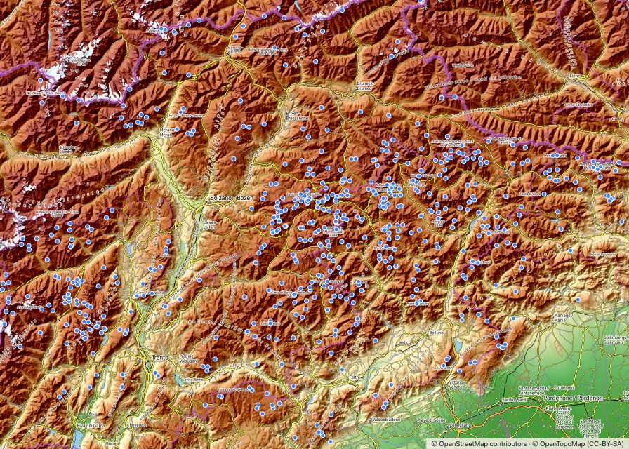 Topographic map of the Dolomites with a dot for each of the mountain huts in the catalog